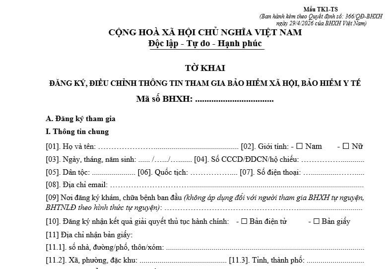 Mẫu TK1-TS tờ khai đăng ký tham gia BHXH, BHYT mới nhất năm 2026