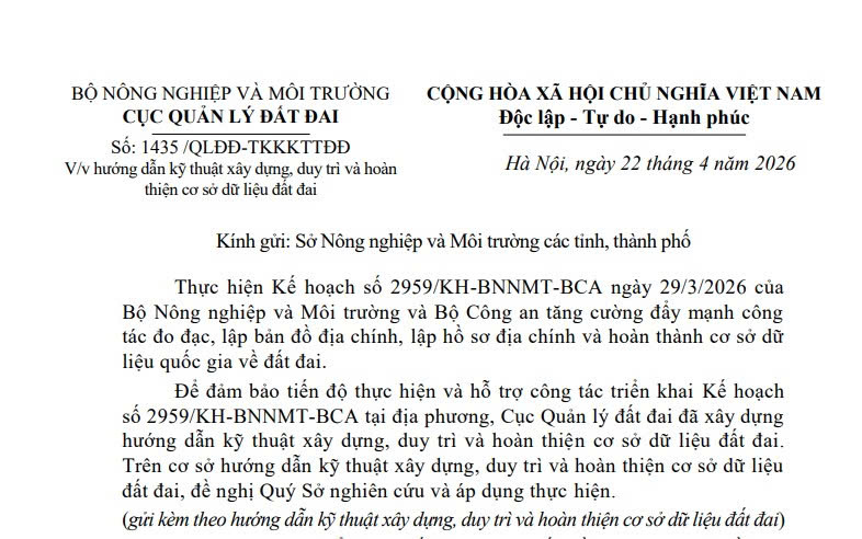 Công văn 1435: Hướng dẫn kỹ thuật xây dựng và hoàn thiện cơ sở dữ liệu đất đai