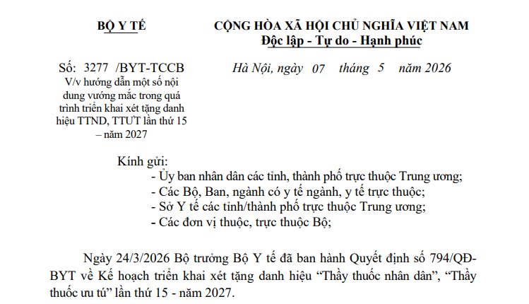 Công văn 3277/BYT-TCCB: Hướng dẫn mới về xét tặng danh hiệu TTND, TTƯT năm 2027 