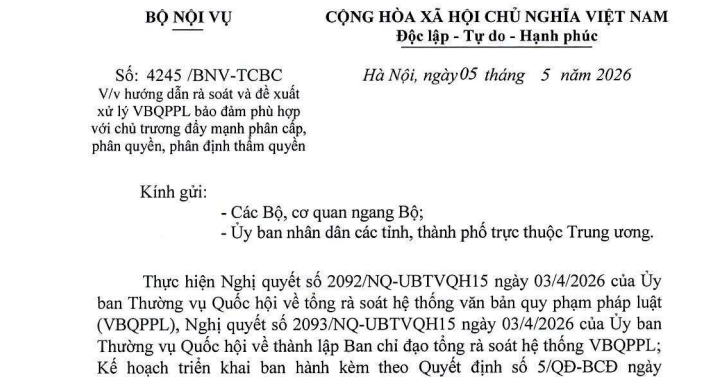 Công văn 4245/BNV-TCBC: Hướng dẫn rà soát VBQPPL phù hợp chủ trương phân cấp phân quyền