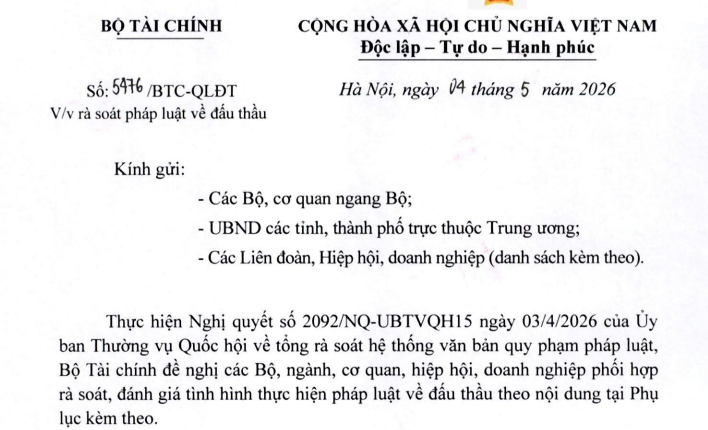 Toàn văn Công văn 5476/BTC-QLĐT rà soát pháp luật đấu thầu