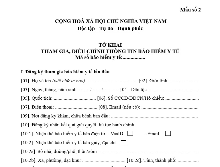 Mẫu tờ khai tham gia bảo hiểm y tế mới nhất năm 2026 (Mẫu số 2)