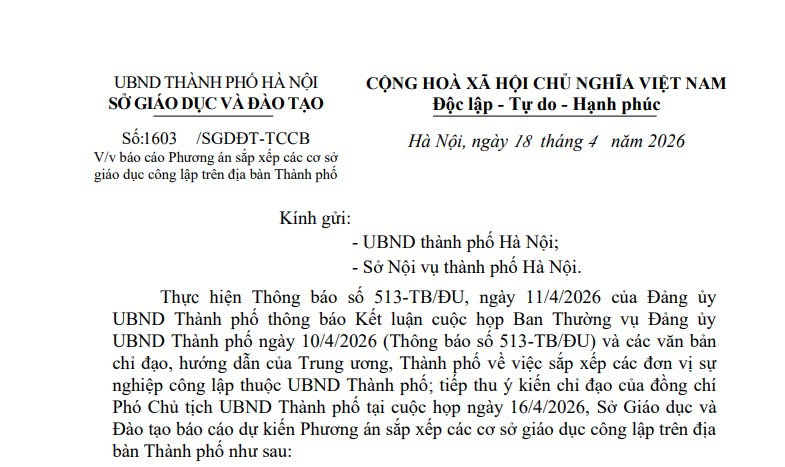 Công văn 1603/SGDĐT-TCCB: Phương án sắp xếp các cơ sở giáo dục công lập tại Hà Nội 