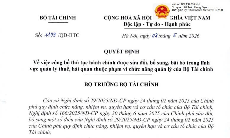 Đã có Quyết định 1109/QĐ-BTC sửa đổi 07 thủ tục về thuế từ ngày 08/5/2026