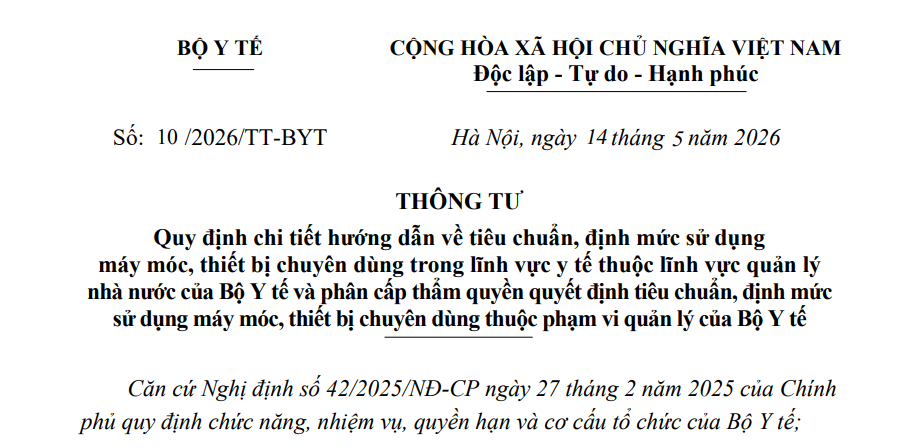 Đã có Thông tư 10/2026/TT-BYT tiêu chuẩn định mức sử dụng máy móc thiết bị y tế