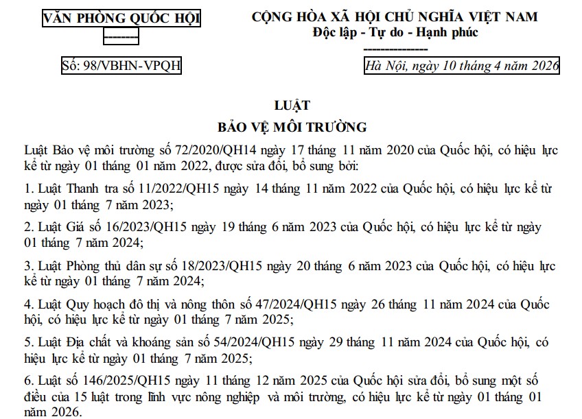 Văn bản hợp nhất Luật Bảo vệ môi trường mới nhất 2026 