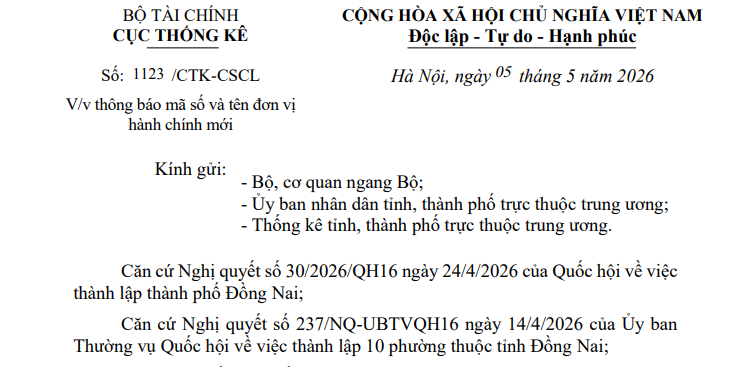 Công văn 1123/CTK-CSCL: Danh sách đơn vị hành chính và mã số mới đối với các đơn vị hành chính có thay đổi