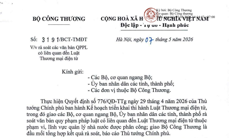Chỉ đạo rà soát văn bản QPPL liên quan đến Luật Thương mại điện tử (Công văn 3191/BCT-TMĐT)
