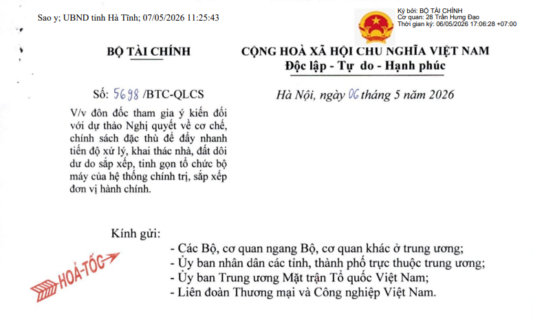Công văn 5698/BTC-QLCS: Chỉ đạo mới về cơ chế đặc thù xử lý nhà đất dôi dư do sắp xếp đơn vị hành chính