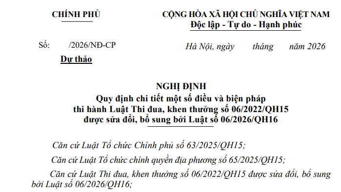 Cập nhật dự thảo Nghị định hướng dẫn Luật Thi đua khen thưởng sửa đổi 2026