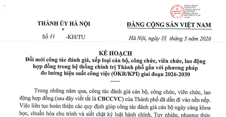 Kế hoạch 71 đổi mới công tác đánh giá xếp loại cán bộ công chức trong hệ thống chính trị Thành phố Hà Nội