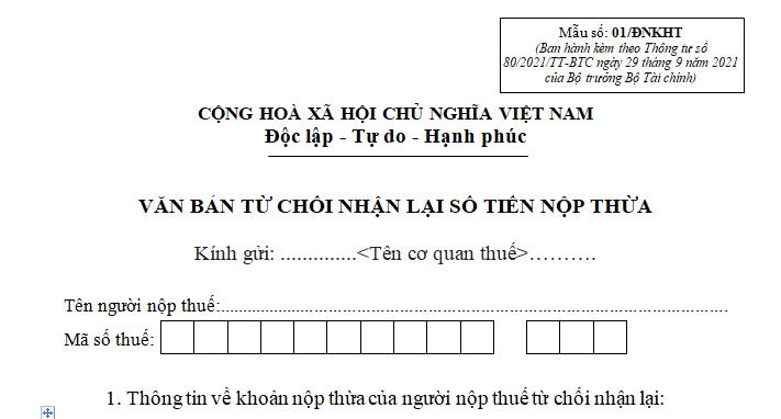 Mẫu văn bản từ chối nhận lại số tiền nộp thừa mới nhất 2026