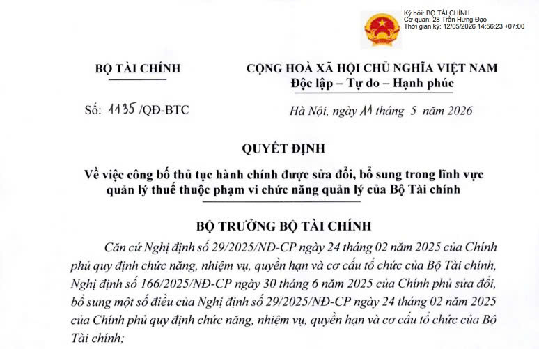 Đã có Quyết định 1135/QĐ-BTС sửa đổi 04 thủ tục về thuế từ ngày 11/5/2026 