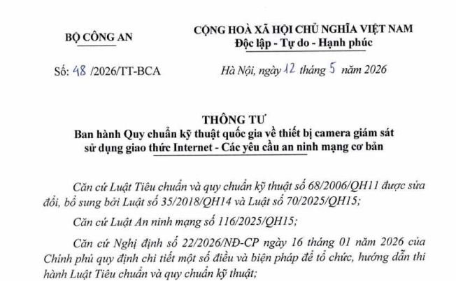 Toàn văn Thông tư 48/2026/TT-BCA Quy chuẩn kỹ thuật quốc gia về thiết bị camera giám sát sử dụng giao thức Internet