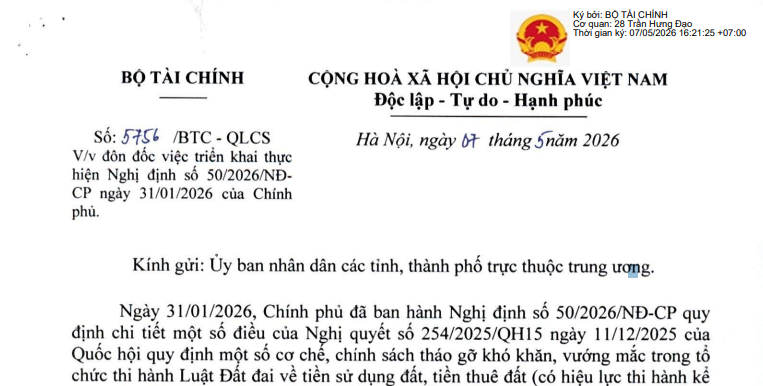 Công văn 5756/BTC-QLCS: Yêu cầu đẩy nhanh việc tính tiền sử dụng đất vườn, ao sang đất ở 