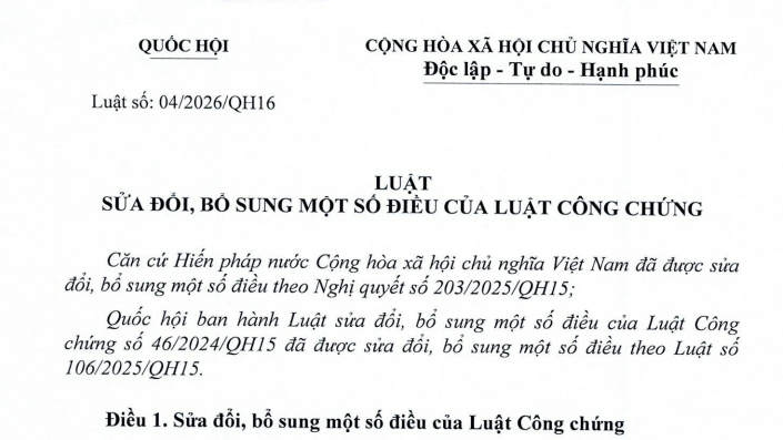 Đã có Luật Công chứng sửa đổi 2026 (Luật số 04/2026/QH16)