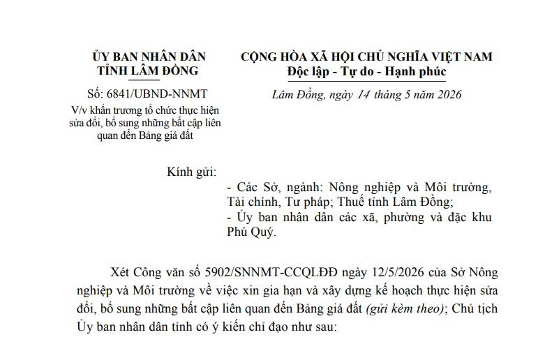 Công văn 6841: Khẩn trương sửa đổi bổ sung Bảng giá đất tại tỉnh Lâm Đồng 