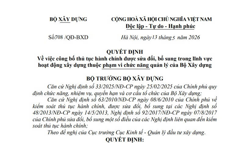 Đã có Quyết định 708/QĐ-BXD sửa 04 thủ tục về hoạt động xây dựng từ ngày 13/5/2026 