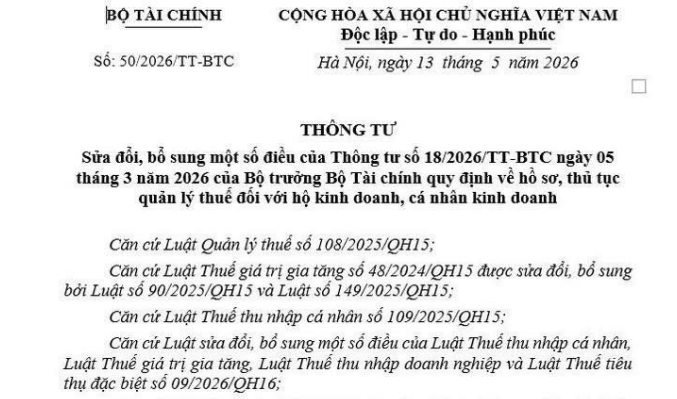 Đã có Thông tư 50/2026/TT-BTC sửa đổi Thông tư 18/2026 quản lý thuế với hộ kinh doanh