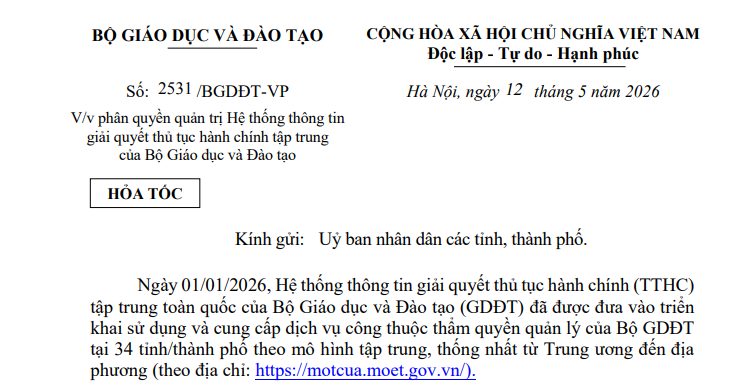 Công văn 2531: (Hỏa tốc) Phân quyền quản trị Hệ thống thông tin giải quyết TTHC Bộ GD&ĐT