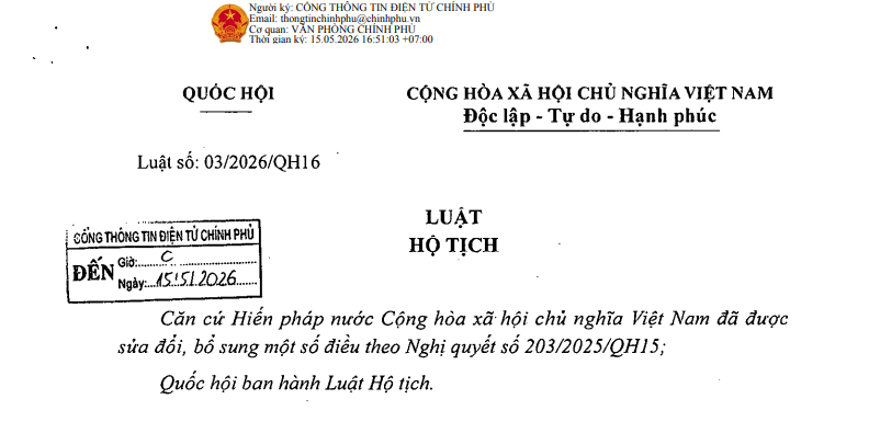 Đã có Luật Hộ tịch 2026 (Luật số 03/2026/QH16) 