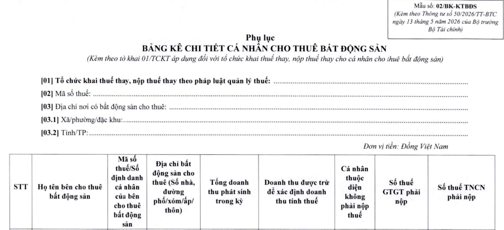 Mẫu Bảng kê chi tiết cá nhân cho thuê bất động sản từ 13/5/2026 (Mẫu 02/BK-KTBĐS)