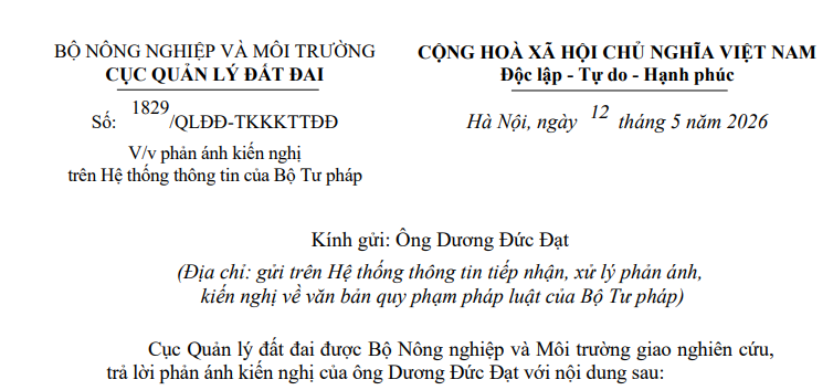 Công văn 1829 phản hồi về quyền tiếp cận thông tin đất đai của người dân