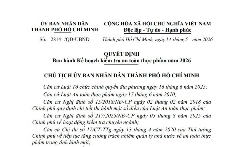 Kế hoạch kiểm tra an toàn thực phẩm năm 2026 tại TPHCM