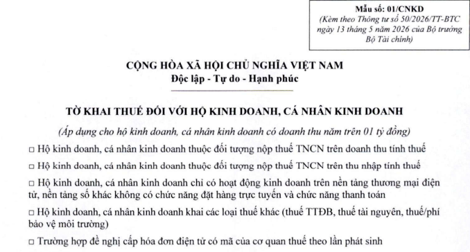 Mẫu số 01/CNKD: Tờ khai thuế với hộ kinh doanh có doanh thu trên 1 tỷ từ 13/5/2026