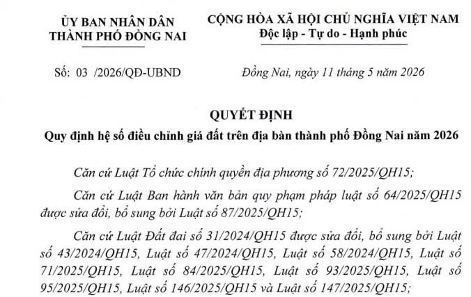 Đã có Quy định hệ số điều chỉnh giá đất thành phố Đồng Nai năm 2026 (hệ số K)