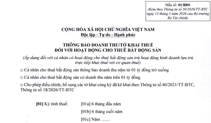 Mẫu số 01/BĐS: Tờ khai thuế với hoạt động cho thuê bất động sản từ 13/5/2026