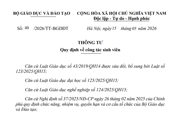 Đã có Thông tư 40/2026/TT-BGDĐT quy định công tác sinh viên