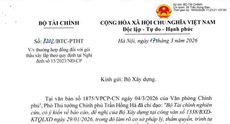 Bộ Tư pháp hướng dẫn thưởng hợp đồng đối với gói thầu (Công văn 3202/BTC-PTHT)