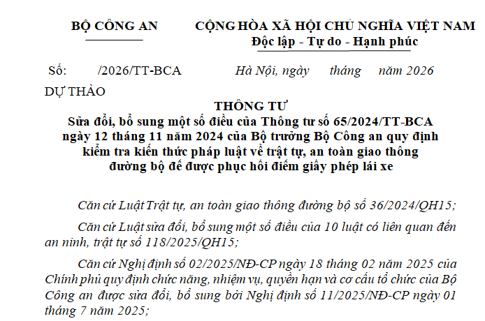 Dự thảo Thông tư sửa đổi Thông tư 65/2024 kiểm tra kiến thức phục hồi điểm GPLX