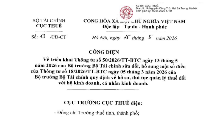 Công điện 13/CĐ-CT triển khai Thông tư 50/2026/TT-BTC thuế hộ kinh doanh