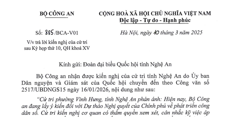 Công văn 885/BCA-V01: Bộ Công an thông tin về chấm điểm công dân số