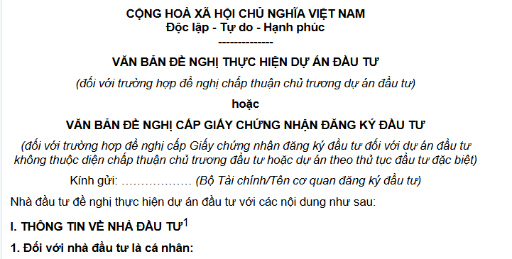 Mẫu văn bản đề nghị thực hiện dự án đầu tư theo Thông tư 55/2026/TT-BTC