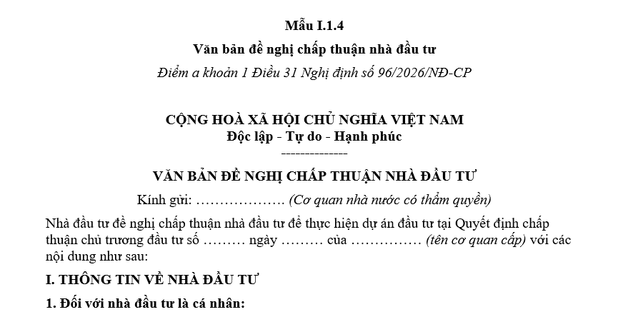Mẫu văn bản đề nghị cấp Giấy chứng nhận đăng ký đầu tư theo Thông tư 55/2026/TT-BTC