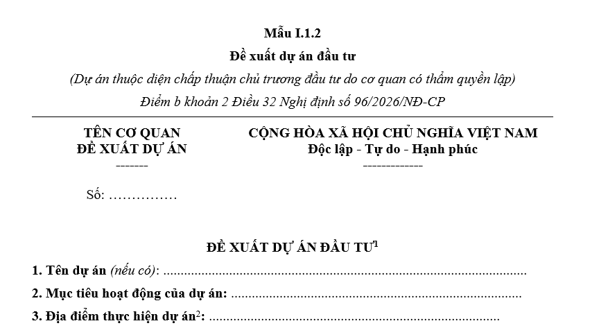Mẫu văn bản đề xuất dự án đầu tư theo Thông tư 55/2026/TT-BTC