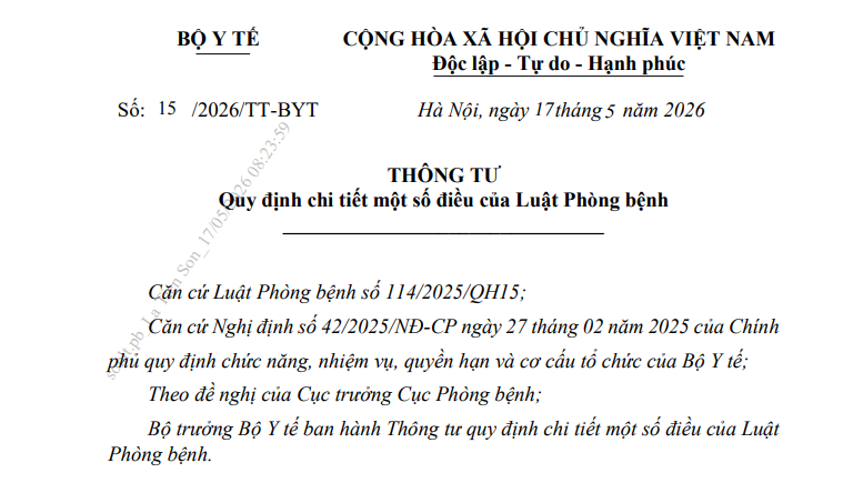 Đã có Thông tư 15/2026/TT-BYT hướng dẫn Luật Phòng bệnh 2025 mới nhất