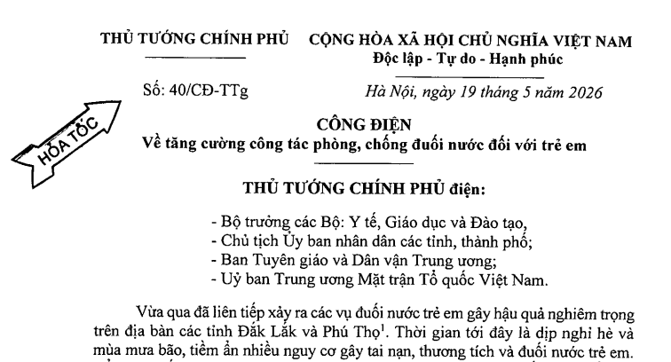 Công điện hỏa tốc về phòng chống đuối nước đối với trẻ em trên cả nước (Công điện 40/CĐ-TTg)