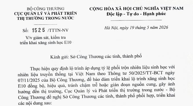 Công văn 1525 về bán xăng E10 từ 1/6/2026