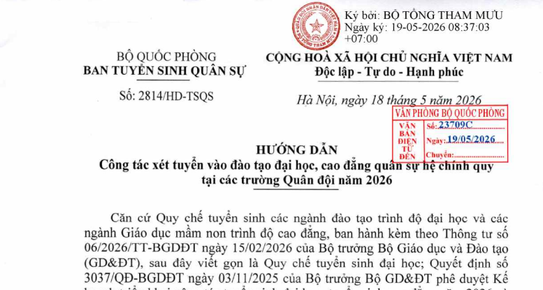 Hướng dẫn 2814/HD-TSQS: Hướng dẫn xét tuyển đào tạo đại học, cao đẳng quân sự năm 2026