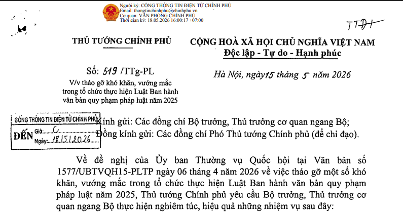 Công văn 519/TTg-PL: Tháo gỡ vướng mắc trong thực hiện Luật Ban hành văn bản quy phạm pháp luật