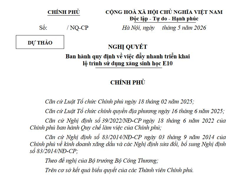 Dự thảo Nghị quyết đẩy nhanh lộ trình sử dụng xăng E10