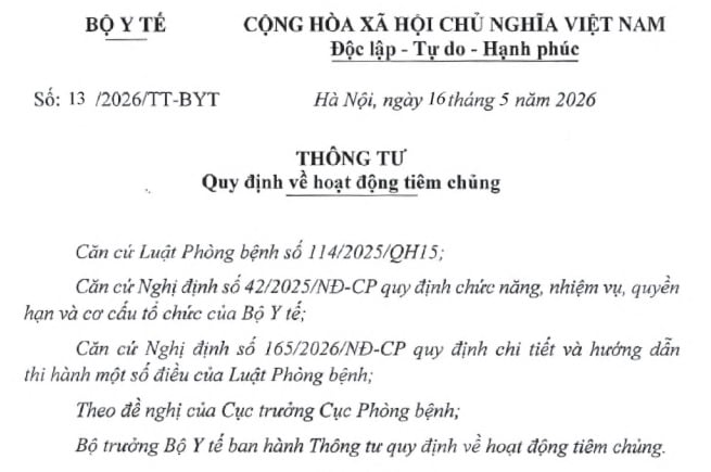 Đã có Thông tư 13/2026/TT-BYT về hoạt động tiêm chủng