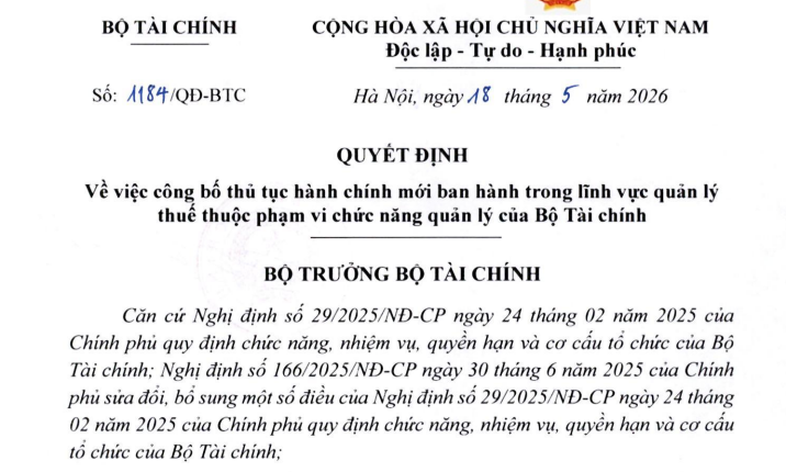 Đã có Quyết định 1184/QĐ-BTC công bố thủ tục hành chính mới lĩnh vực quản lý thuế
