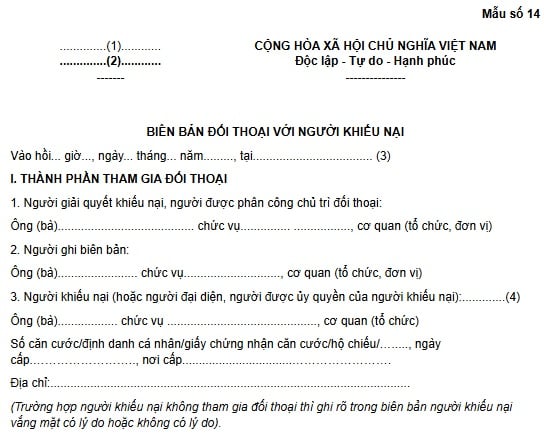 Mẫu biên bản đối thoại với người khiếu nại mới nhất từ 01/7/2026