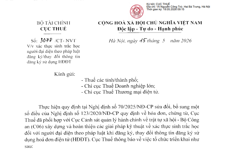 Công văn 3078/CT-NVT: Xác thực sinh trắc học người đại diện đăng ký/thay đổi thông tin sử dụng hóa đơn điện tử