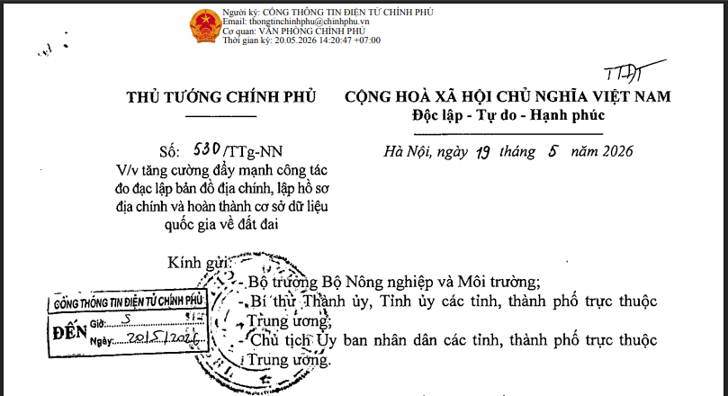 Công văn 530/TTg-NN: Chỉ đạo mới về đo đạc lập bản đồ địa chính, lập hồ sơ địa chính